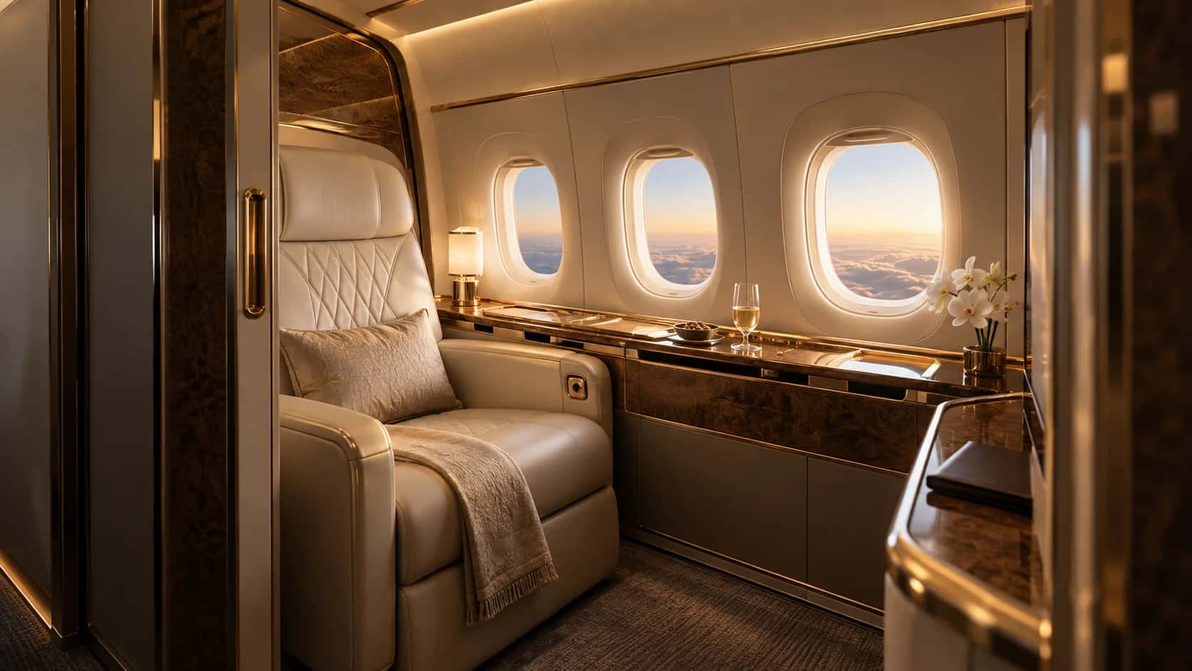 Emirates First Class cabin, private suite interior on Emirates