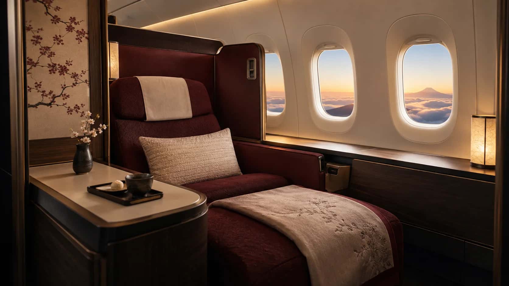 Japan Airlines First Class cabin, private suite interior on Japan Airlines