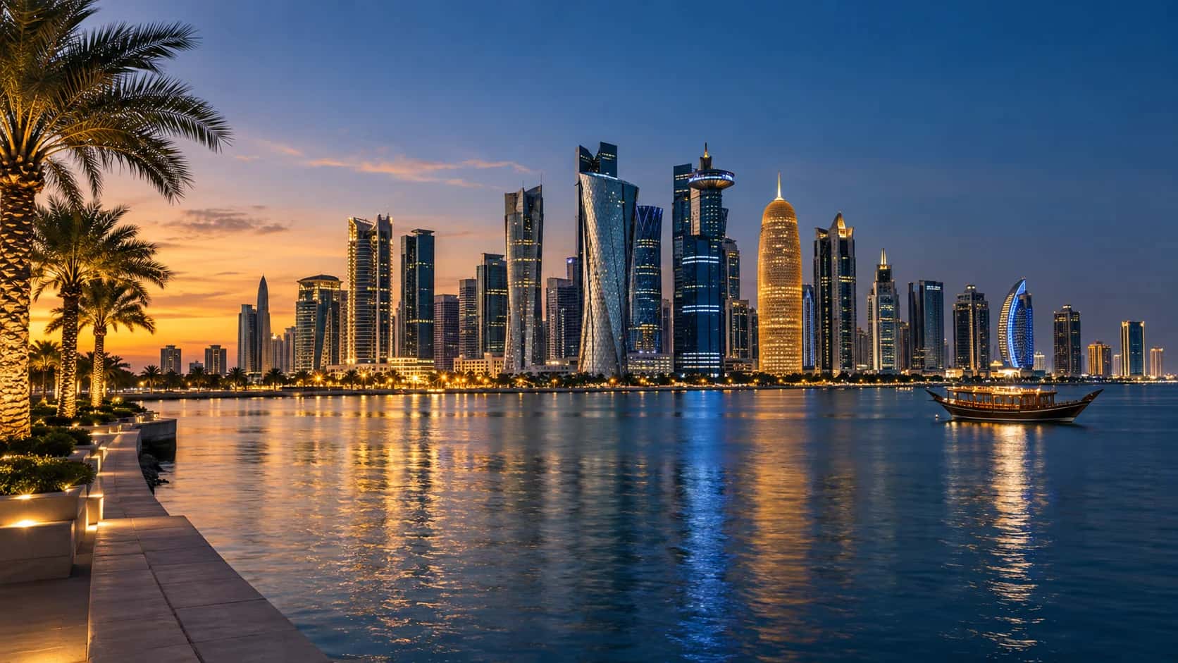 Cityscape of Doha, Qatar, arrival city for this First Class route