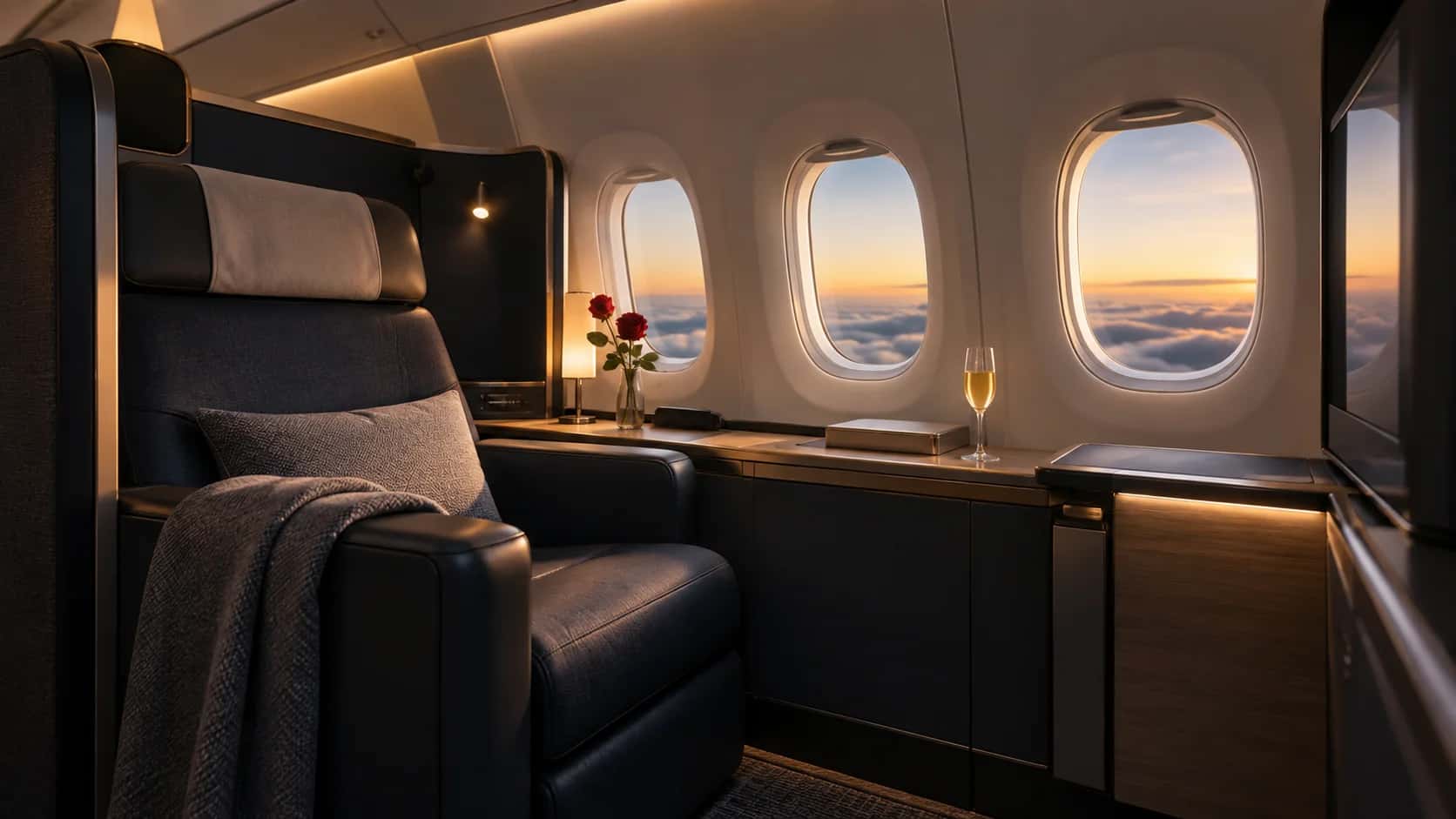 Lufthansa First Class cabin, private suite interior on Lufthansa