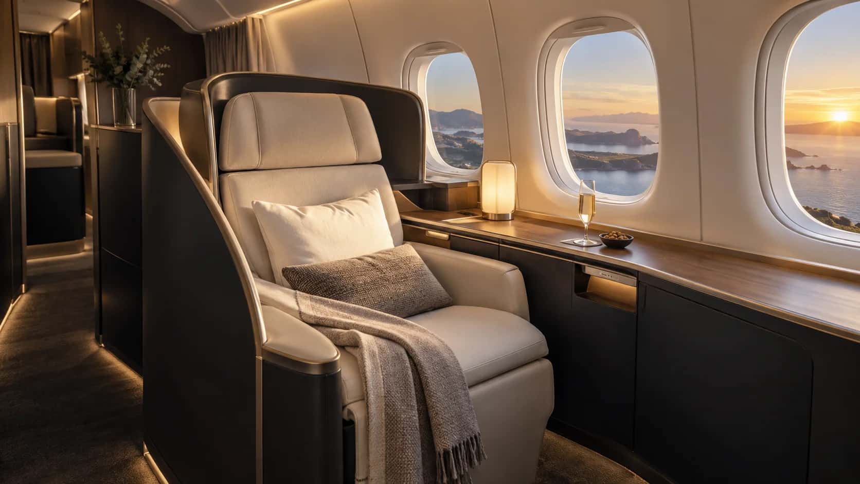 Qantas First cabin, private suite interior on Qantas