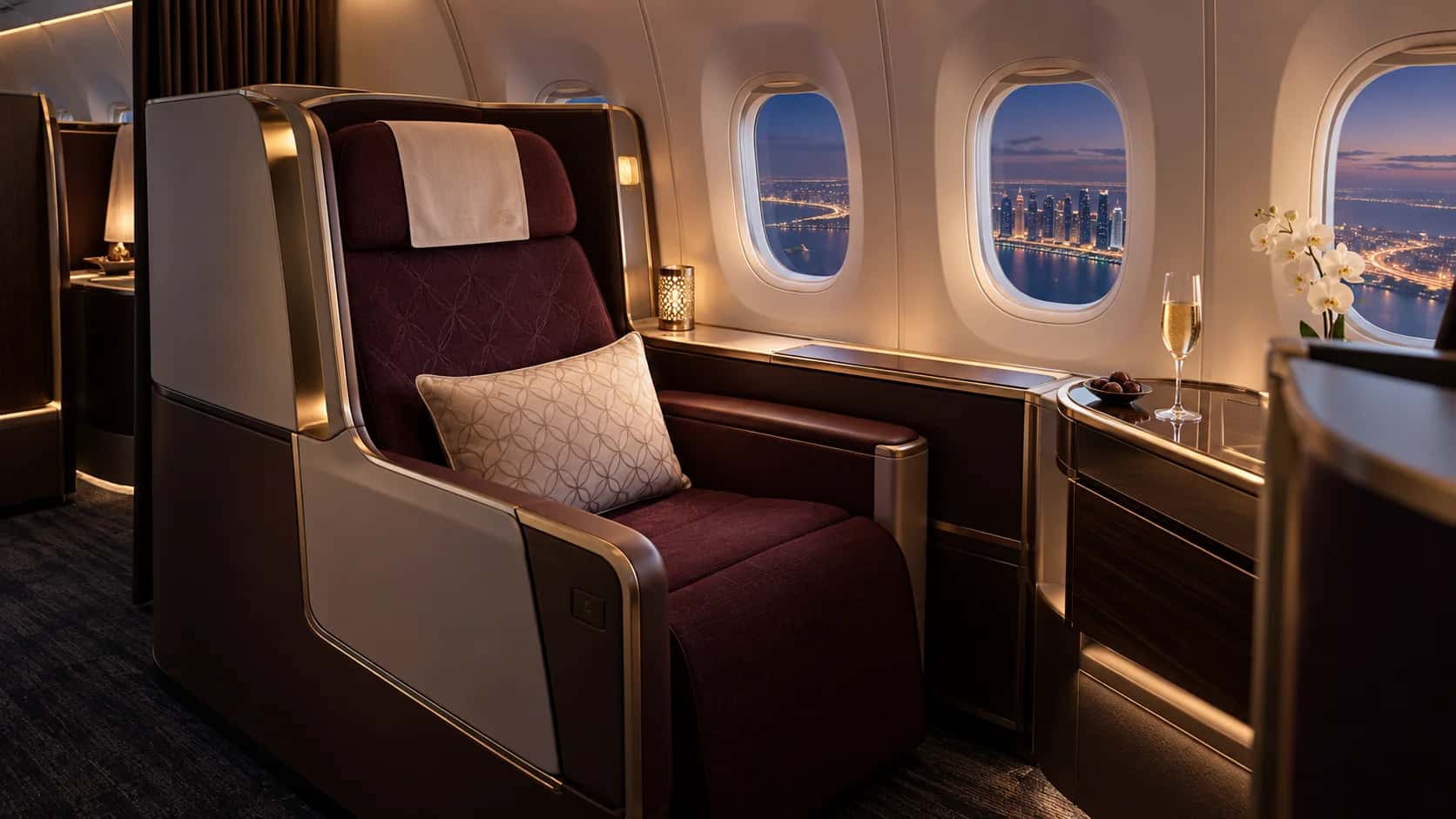 Qatar Airways First Class cabin, private suite interior on Qatar Airways