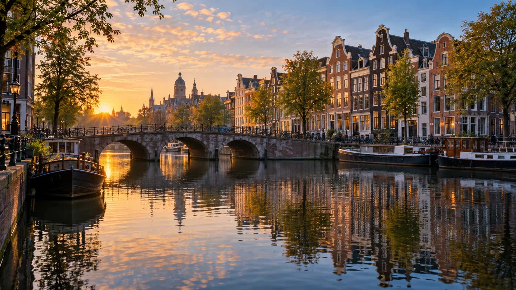 Cityscape of Amsterdam, Netherlands, First Class flight destination