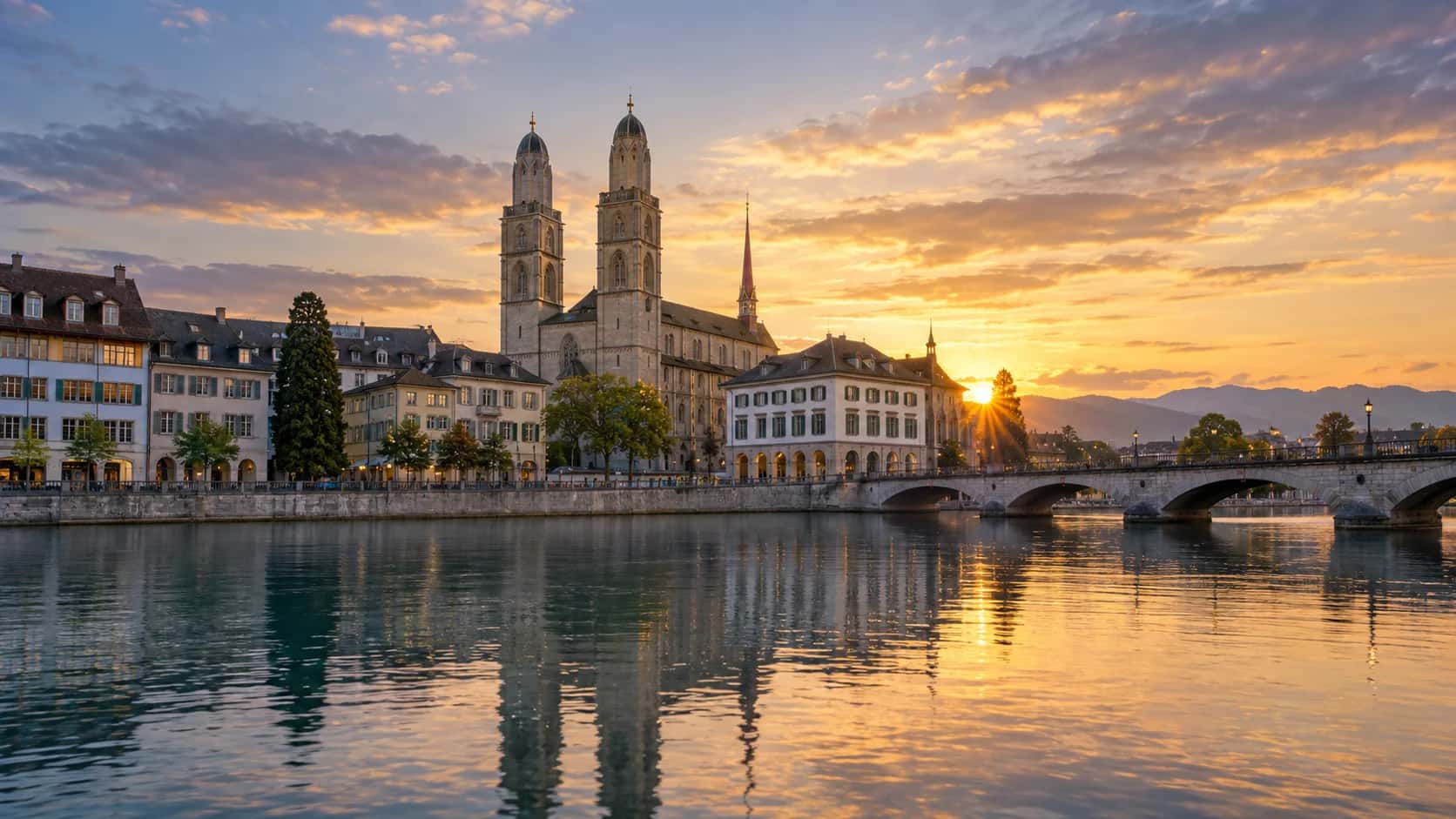 Cityscape of Zurich, Switzerland, arrival city for this First Class route