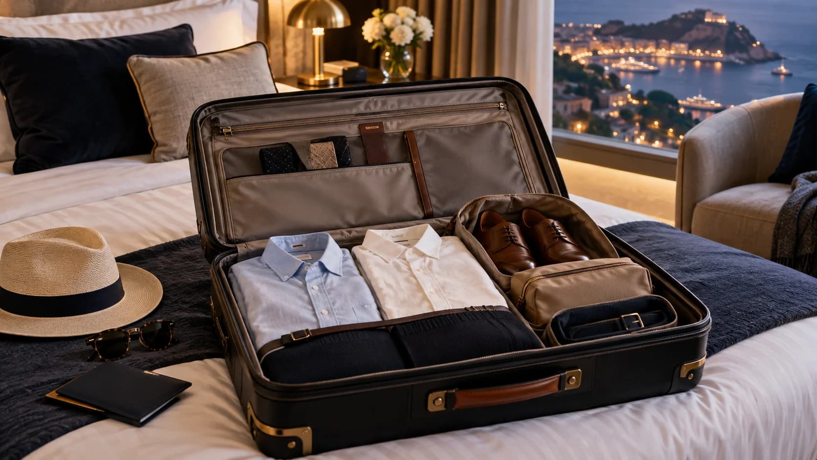 Editorial illustration for The Luxury Travel Packing Guide for First Class